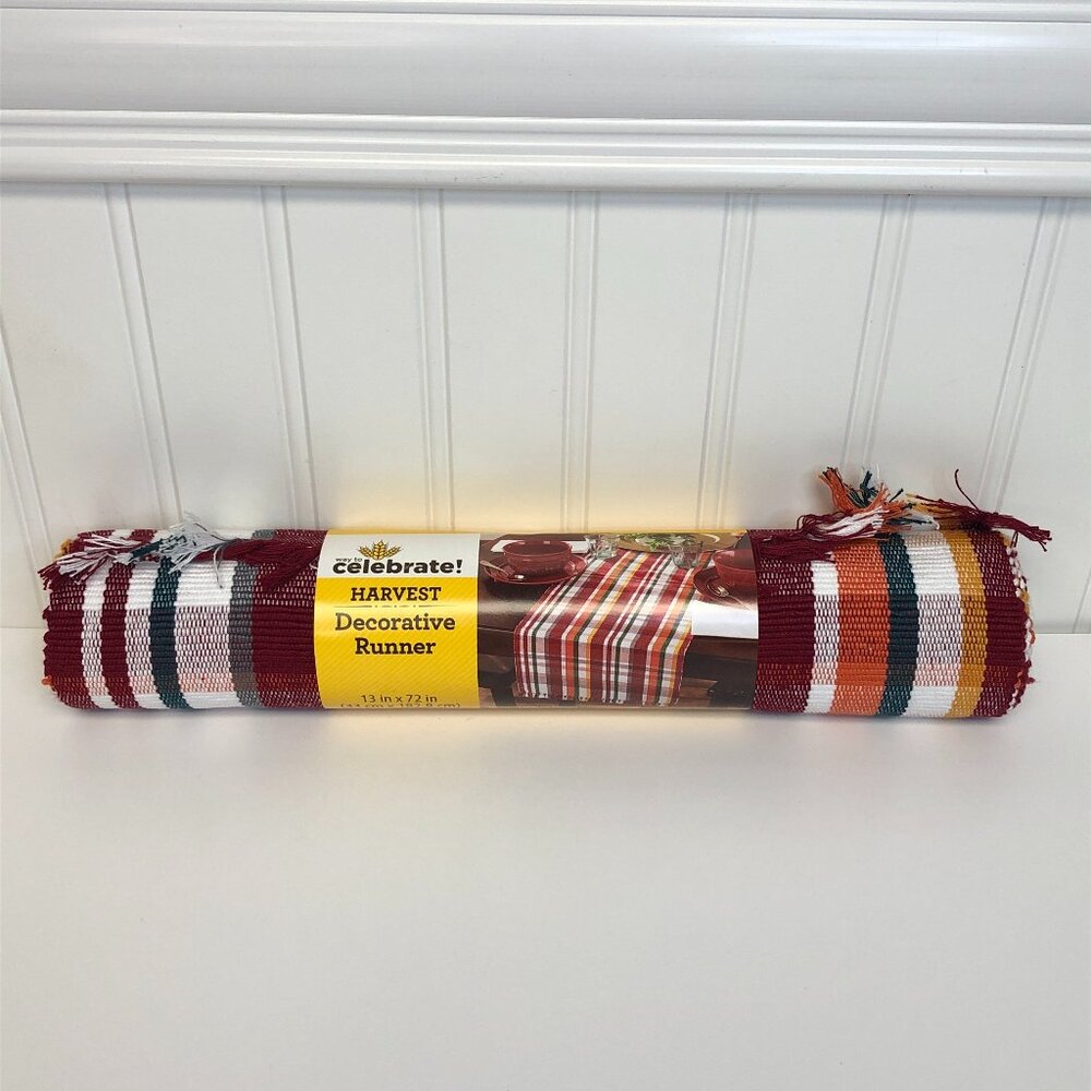 Harvest Fall Thanksgiving Table Runner Plaid 13"x72" Red Orange Way to Celebrate